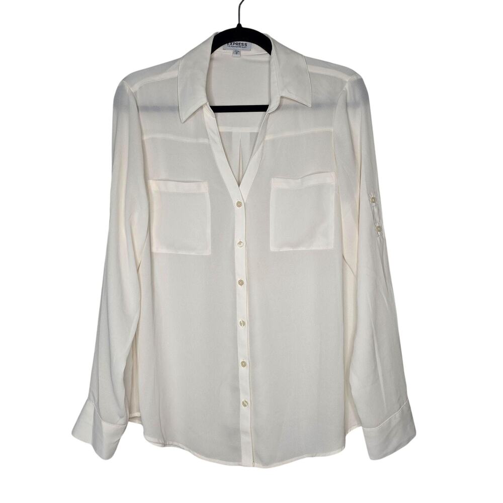 Express Portofino Shirt Womens M White Sheer Chiffon Button Up Blouse Office